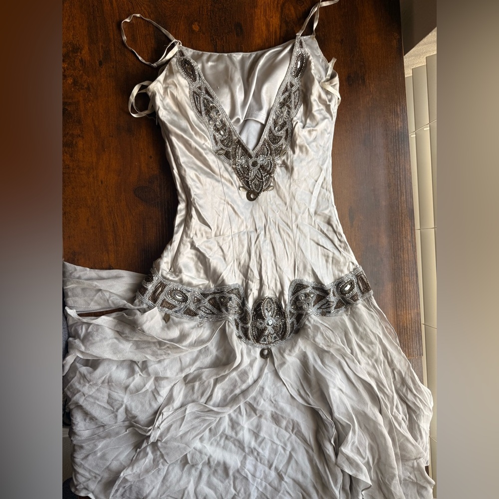 Sue Wong White and Silver Embellished Dress